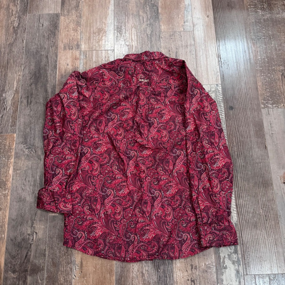 Ariat Mens Paisley Long Sleeve Button Down Shirt Red Burgundy Western Medium - Picture 5 of 8